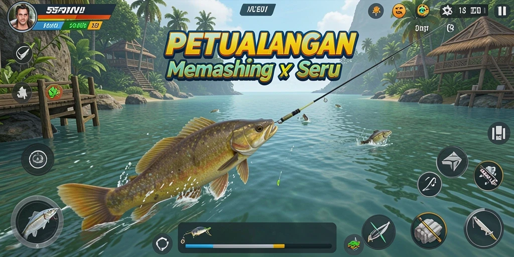 Screenshot gameplay 55FIVE menampilkan aksi memancing yang seru dan mendebarkan.