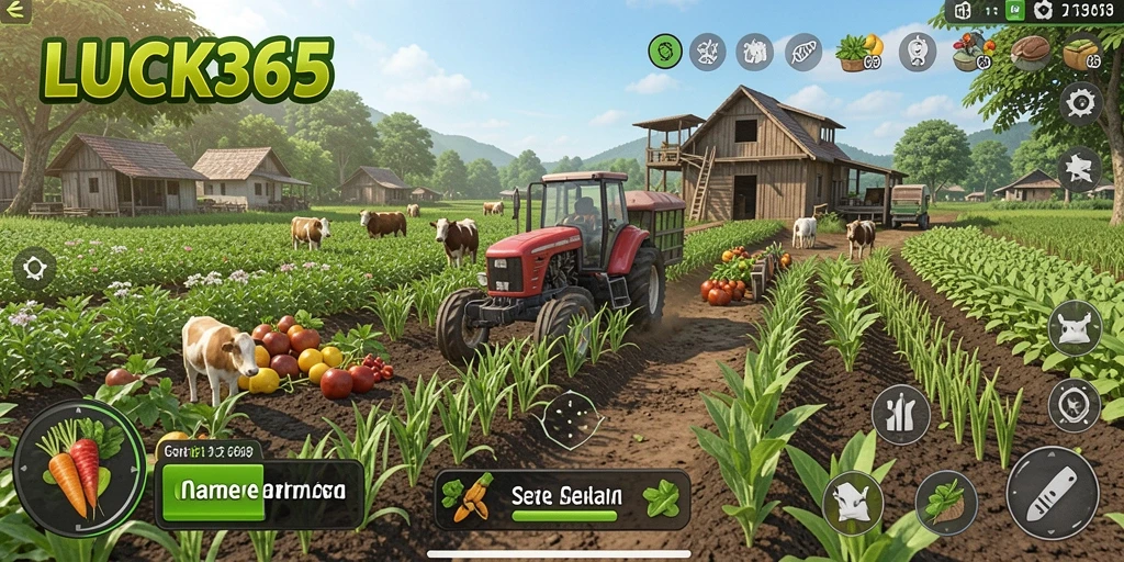 Screenshot gameplay LUCK365 menunjukkan ladang yang subur dan interaksi pemain.