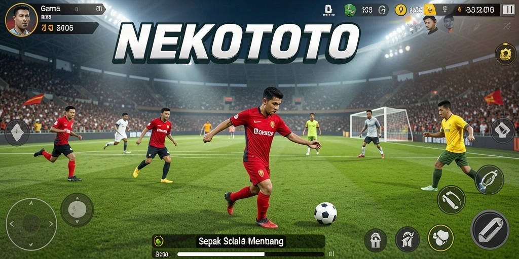Screenshot menampilkan aksi seru di lapangan sepak bola NEKOTOTO.