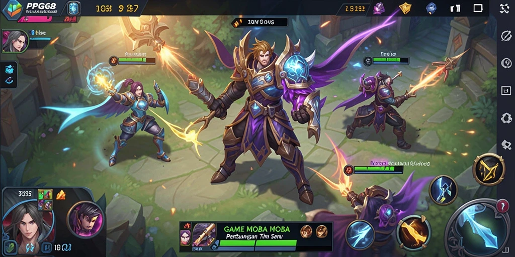 Screenshot gameplay PGG68 menampilkan pertempuran seru antara tim dalam arena MOBA.