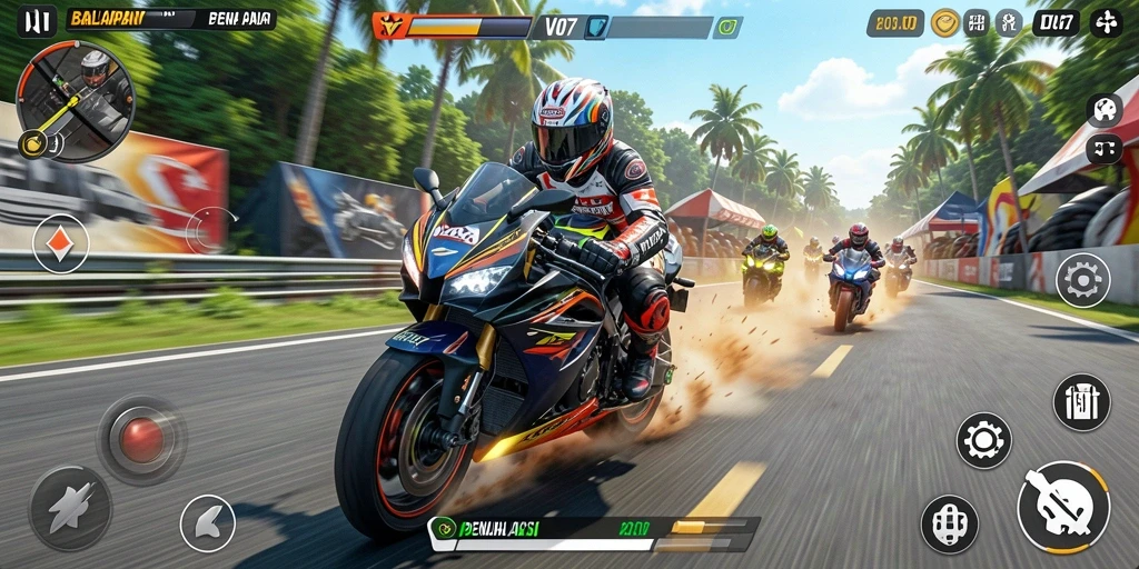 Tampilan balapan seru dalam V07 dengan aksi motor yang mendebarkan.